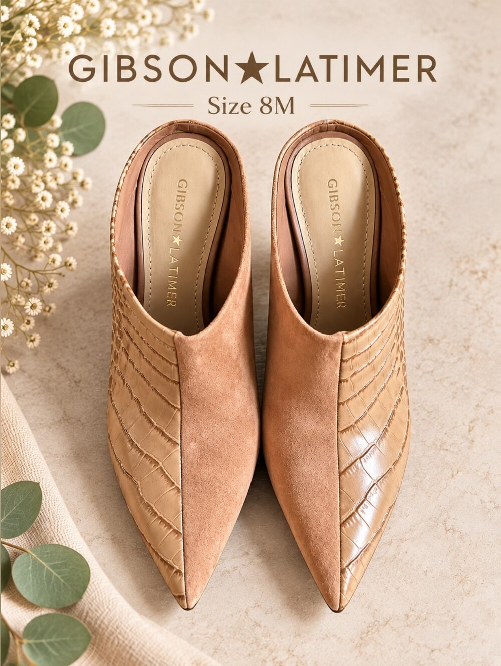 Gibson Latimer Leather Light Brown Croc-Embossed Pointed-Toe Mule Booties, 8M